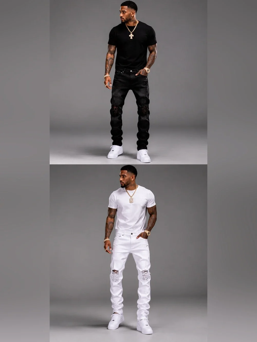 Glitz Slim Ripped Men's Jeans - Black & White
